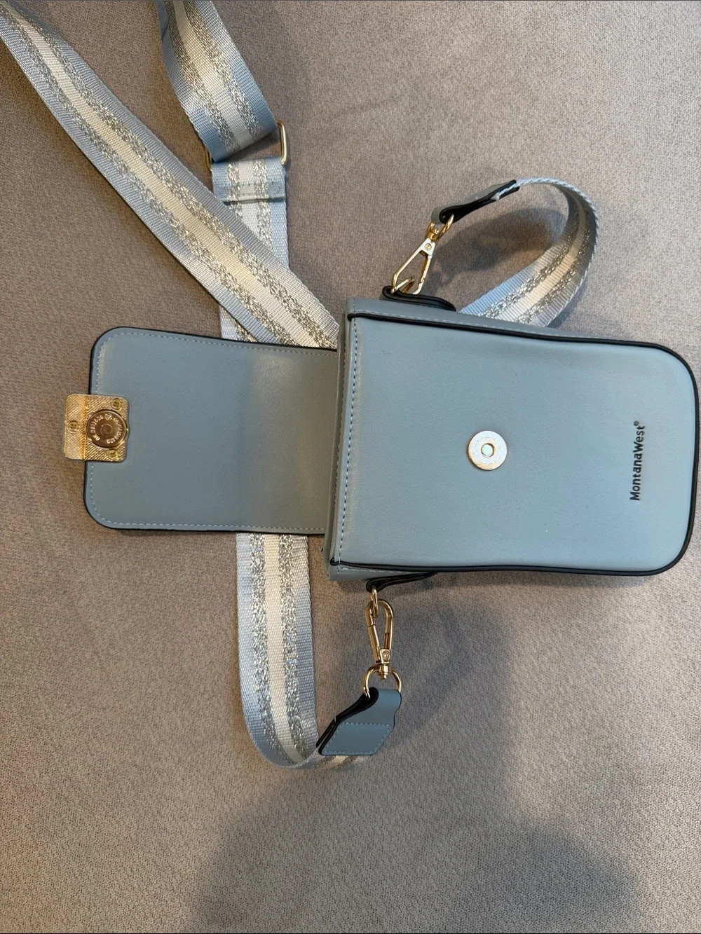 New MontanaWest Light Blue Crossbody Phone Bag with Striped Strap 4”x7.5”x 25”